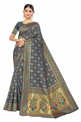 Grey Woven Art Silk Saree With Blouse 1