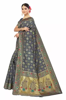 Grey Woven Art Silk Saree With Blouse