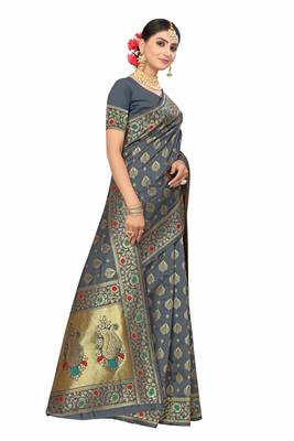 Grey Woven Art Silk Saree With Blouse 4