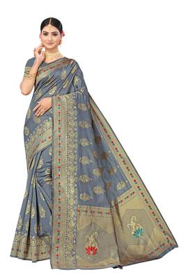 Grey Woven Art Silk Saree With Blouse 1