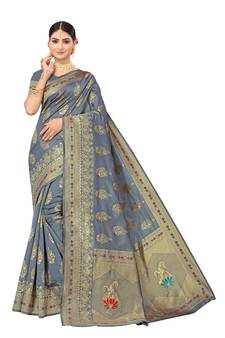 Grey Woven  Art Silk Saree With Blouse
