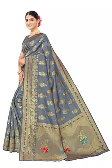 Grey Woven Art Silk Saree With Blouse
