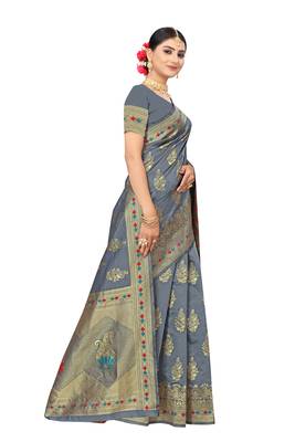 Grey Woven Art Silk Saree With Blouse 4