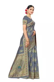 Grey Woven Art Silk Saree With Blouse