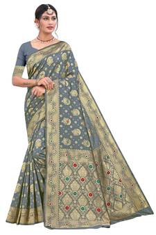 Grey Woven  Art Silk Saree With Blouse