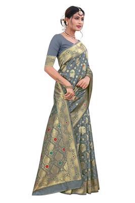 Grey Woven Art Silk Saree With Blouse 4