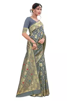 Grey Woven Art Silk Saree With Blouse
