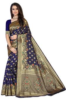 Blue Woven silk blend Saree With Blouse