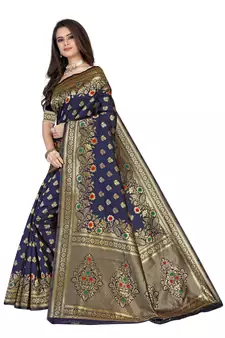 Blue Woven silk blend Saree With Blouse