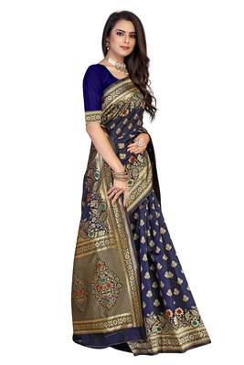 Blue Woven silk blend Saree With Blouse 4