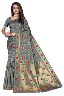 Grey Woven  Art Silk Saree With Blouse