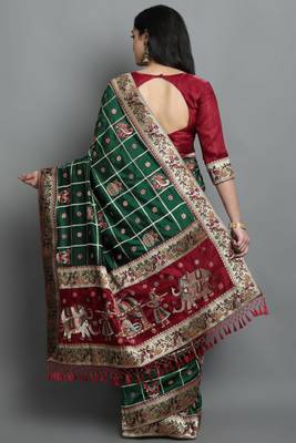 green Heavy Soft Satin Silk Embroidery Diamond Work Heavy Jacquard Lace saree 1