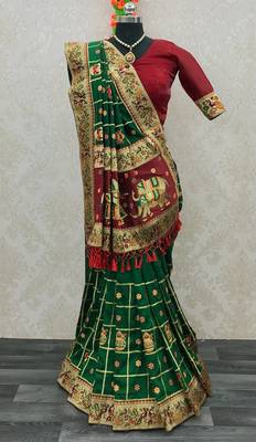 green Heavy Soft Satin Silk Embroidery Diamond Work Heavy Jacquard Lace saree 2