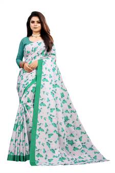 Turquoise Printed Satin Saree With Blouse
