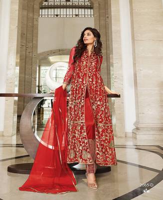 RED DESIGNER LONG PARTY WEAR SALWAR SUIT IN NET FABRIC SEMI STITCHED 1