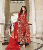 RED DESIGNER LONG PARTY WEAR SALWAR SUIT IN NET FABRIC SEMI STITCHED