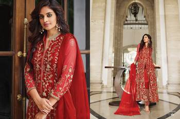 RED DESIGNER LONG PARTY WEAR SALWAR SUIT IN NET FABRIC SEMI STITCHED 2