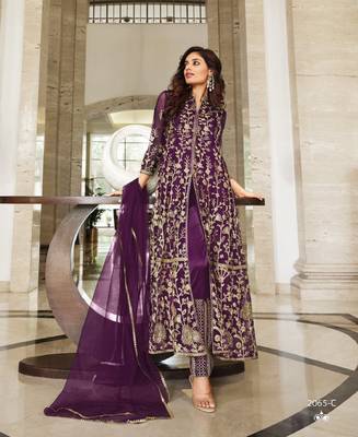 WINE DESIGNER LONG PARTY WEAR SALWAR SUIT IN NET FABRIC SEMI STITCHED 1