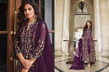 WINE DESIGNER LONG PARTY WEAR SALWAR SUIT IN NET FABRIC SEMI STITCHED 2