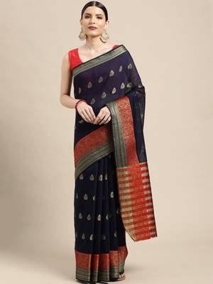 Navy Blue Woven Cotton Silk Saree With Blouse 1