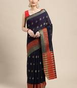 Navy Blue Woven Cotton Silk Saree With Blouse