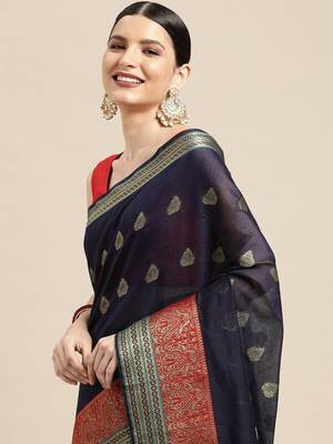 Navy Blue Woven Cotton Silk Saree With Blouse 2