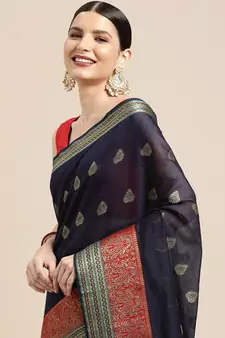 Navy Blue Woven Cotton Silk Saree With Blouse