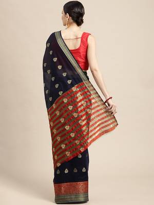 Navy Blue Woven Cotton Silk Saree With Blouse 3