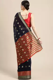 Navy Blue Woven Cotton Silk Saree With Blouse