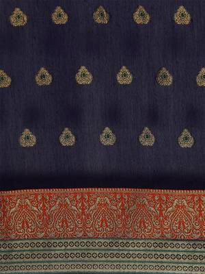 Navy Blue Woven Cotton Silk Saree With Blouse 5