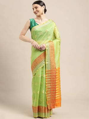 Green Woven Cotton Silk Saree With Blouse 1