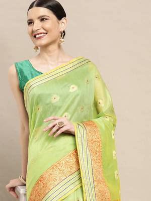 Green Woven Cotton Silk Saree With Blouse 2