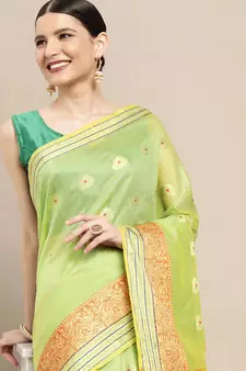 Green Woven Cotton Silk Saree With Blouse