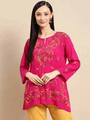 Magenta embroidered cotton chikankari-kurtis 2