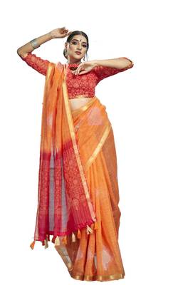 Orange embroidered organza saree with blouse 1