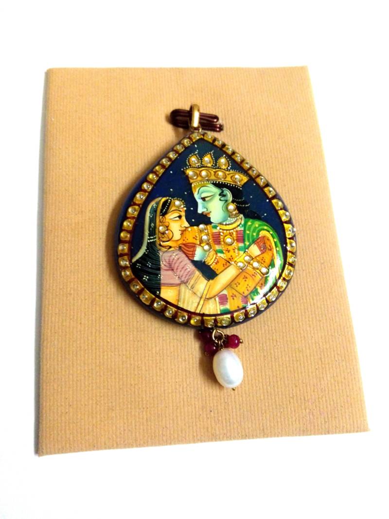 blue tanjore art radha krishna chavi pendant