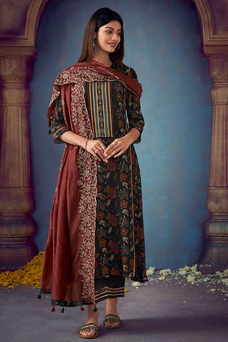 Classic black pure muga silk printed salwar suit