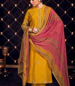 Yellow pure russian silk embroidered diwali wear salwar suit