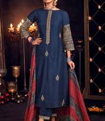 Blue pure russian silk embroidered diwali wear salwar suit