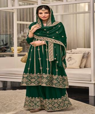 Bottle Green embroidery georget chinon stitched palazzo sawlar suits 1