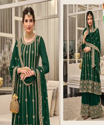Bottle Green embroidery georget chinon stitched palazzo sawlar suits 3