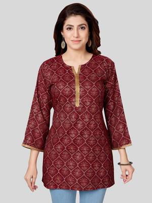 Maroon printed rayon short-kurtis 1