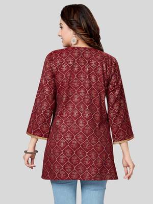 Maroon printed rayon short-kurtis 2