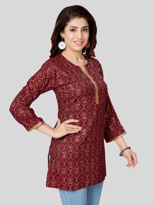 Maroon printed rayon short-kurtis 3