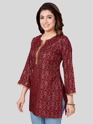 Maroon printed rayon short-kurtis 4