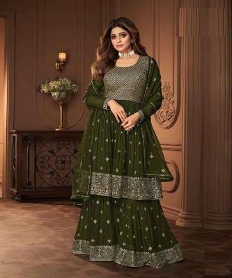 Mehndi Green embroidery georget stitched gharara suits gharara salwar suits 1