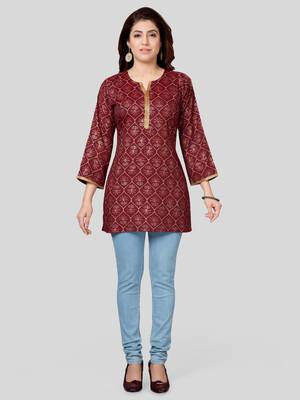 Maroon printed rayon short-kurtis 5
