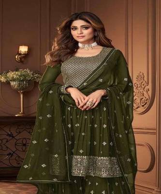 Mehndi Green embroidery georget stitched gharara suits gharara salwar suits 4
