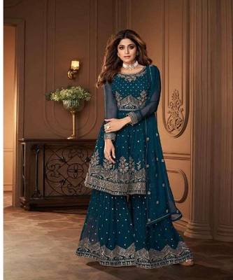Ocean Blue embroidery georget stitched gharara suits gharara salwar suits 1