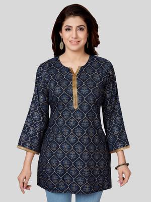 Navy-blue printed rayon short-kurtis 1